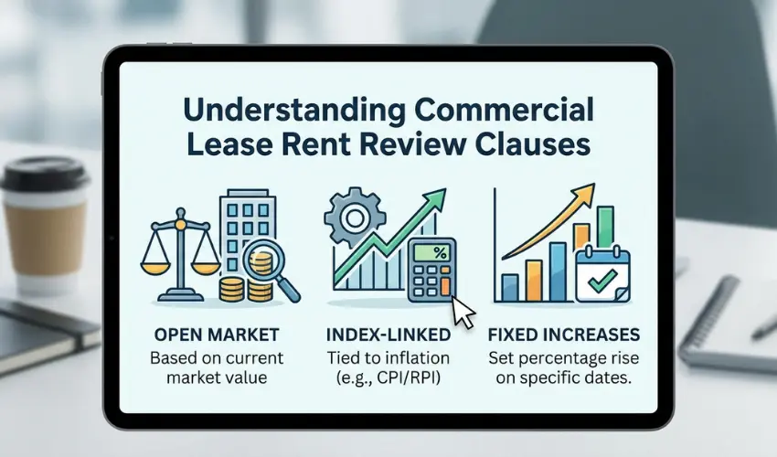 Infographic showing types of commercial lease rent review clauses including open market, index-linked and fixed increases