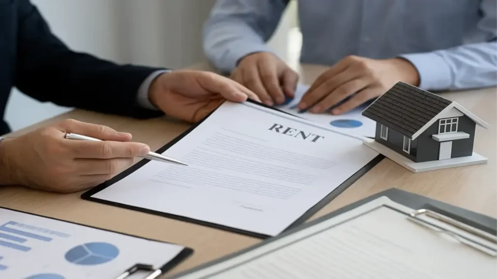 Landlord and tenant reviewing rent review clause in a commercial lease agreement