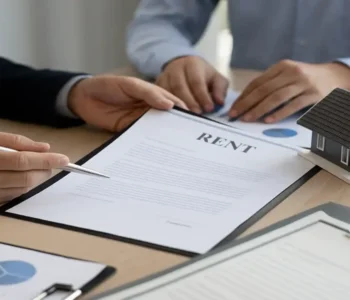 Landlord and tenant reviewing rent review clause in a commercial lease agreement