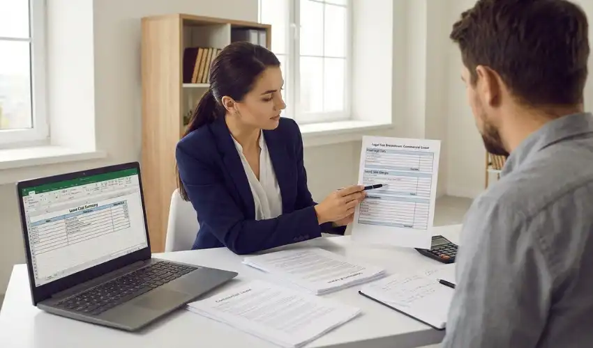 Commercial lease lawyer cost UK — business owner reviewing lease solicitor fees and commercial lease legal fees with solicitor at desk
