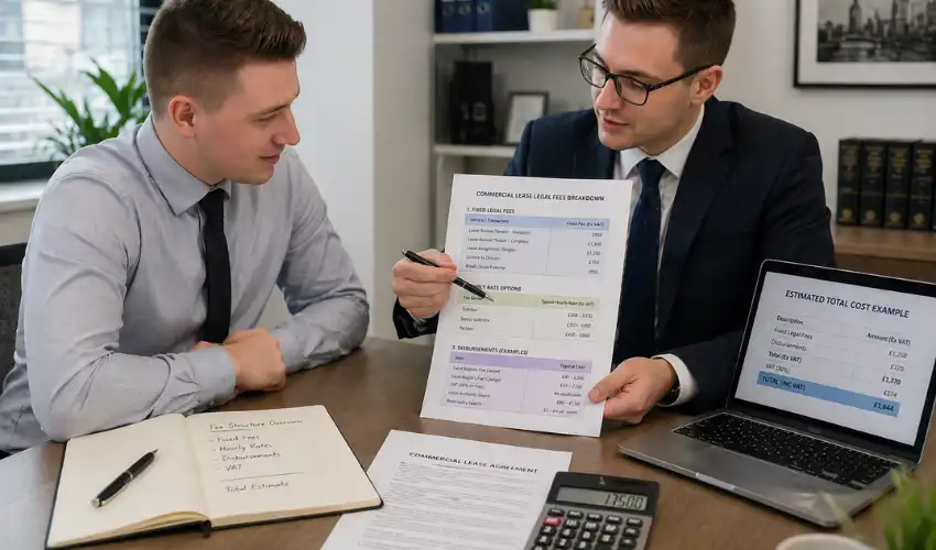 Commercial lease legal fees breakdown — solicitor explaining lease solicitor fees UK including disbursements and fixed fee structure to business tenant