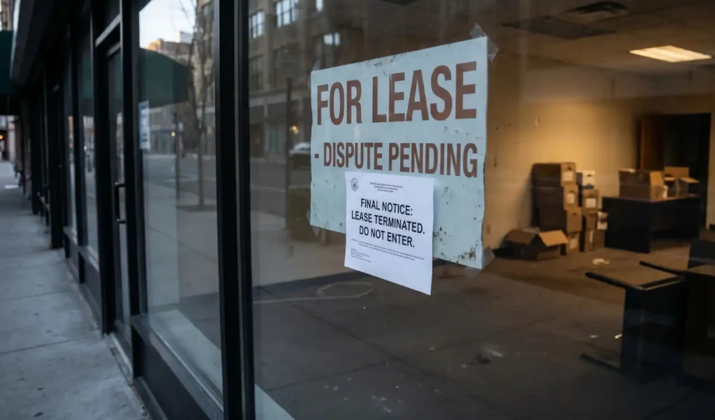 Commercial lease disputes signage on vacant storefront showing lease terminated notice pending resolution