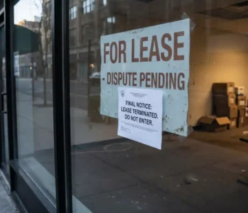 Commercial lease disputes signage on vacant storefront showing lease terminated notice pending resolution