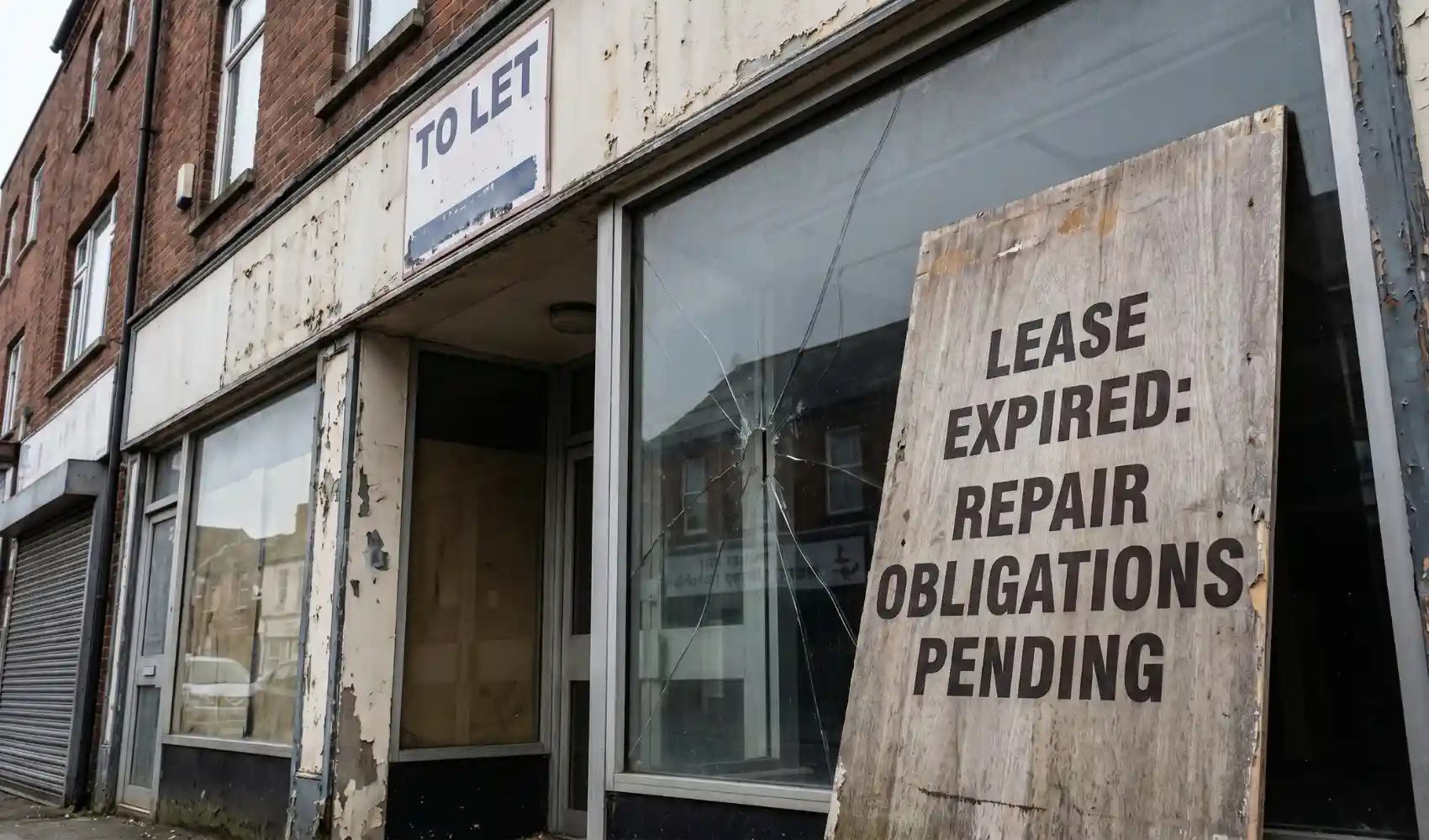 Vacant commercial property with lease expired repair obligations pending sign illustrating commercial lease repair obligations dispute