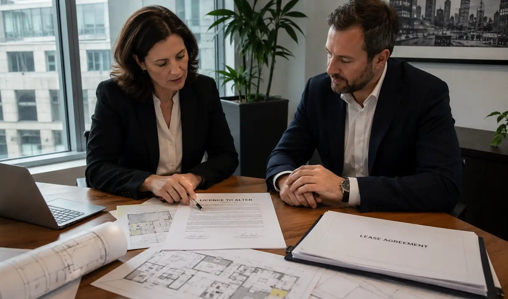 Commercial property alterations and fit-out – tenant reviewing plans with solicitor in a UK office