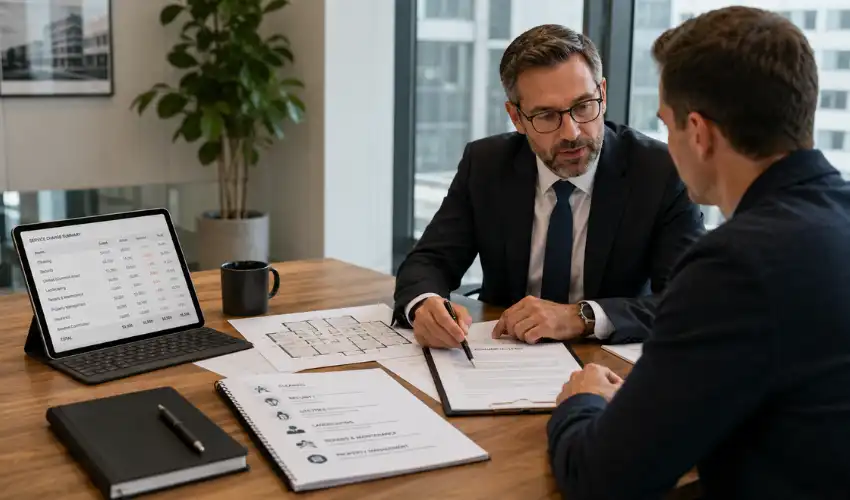 Service charges in commercial leases explained — solicitor reviewing lease documents with tenant