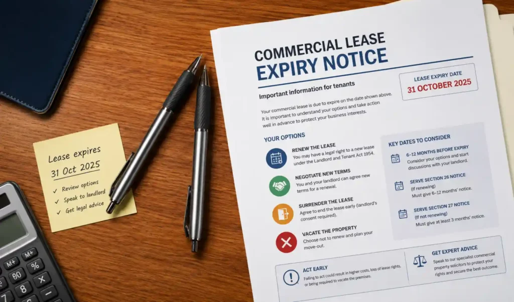commercial lease expiry — business tenant reviewing lease end options with solicitor