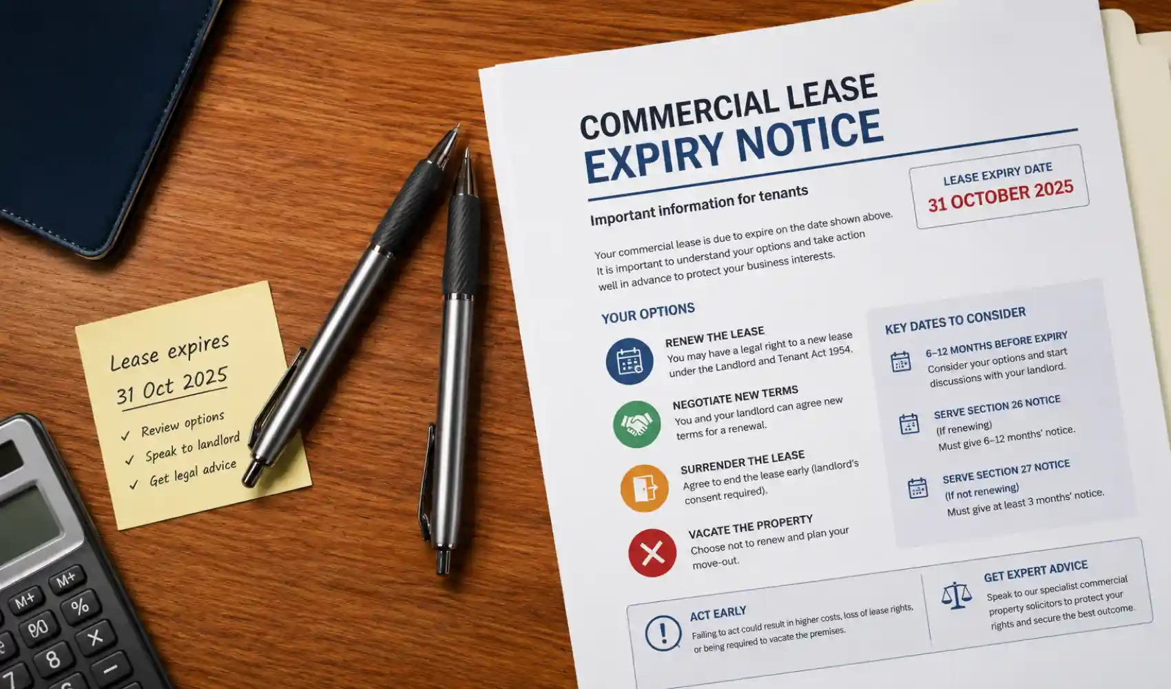 commercial lease expiry — business tenant reviewing lease end options with solicitor