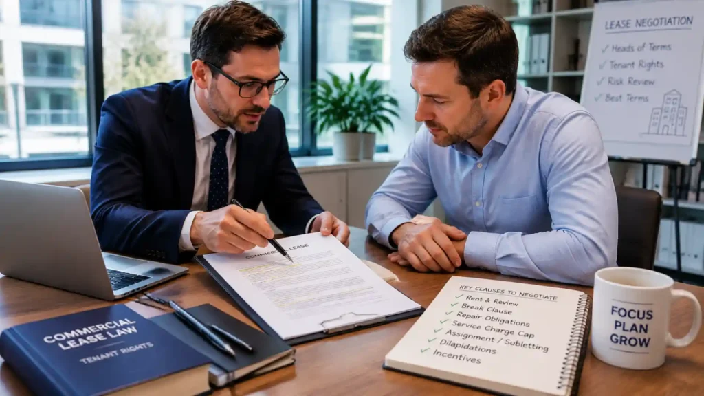 commercial lease negotiation solicitor reviewing clauses with business tenant