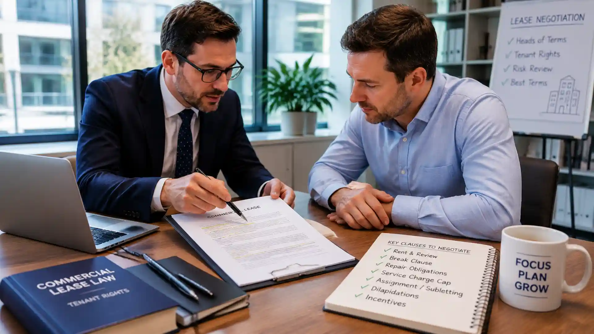 commercial lease negotiation solicitor reviewing clauses with business tenant