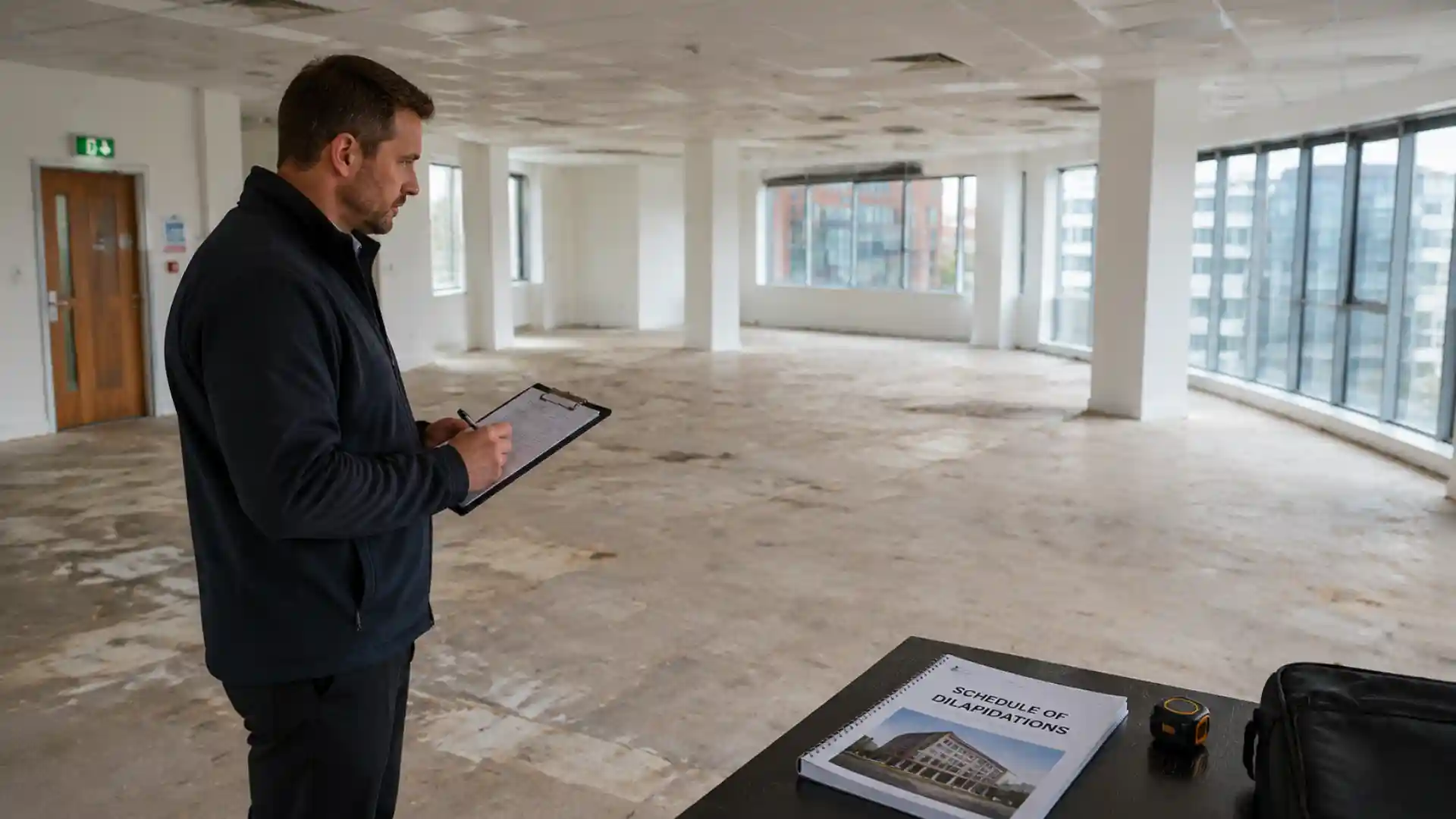 Surveyor preparing a schedule of dilapidations in a vacant commercial property at lease end