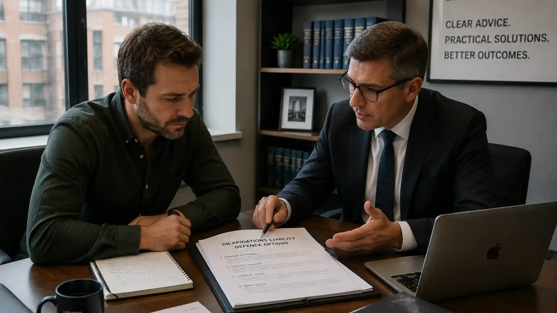 Tenant and solicitor reviewing tenant dilapidations liability defence options before lease expiry
