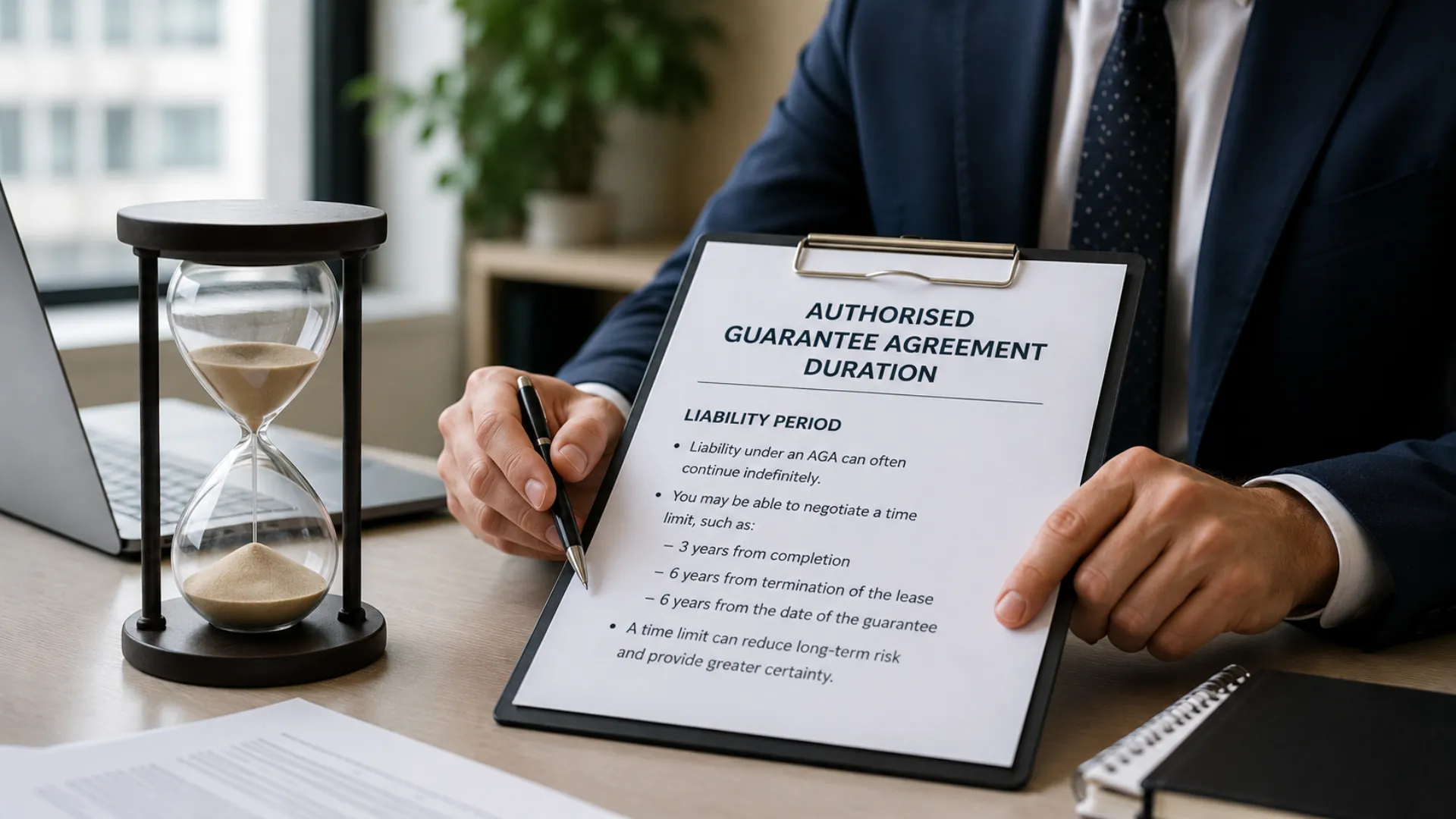 Authorised guarantee agreement duration — timeline showing outgoing tenant liability from lease assignment to end of term