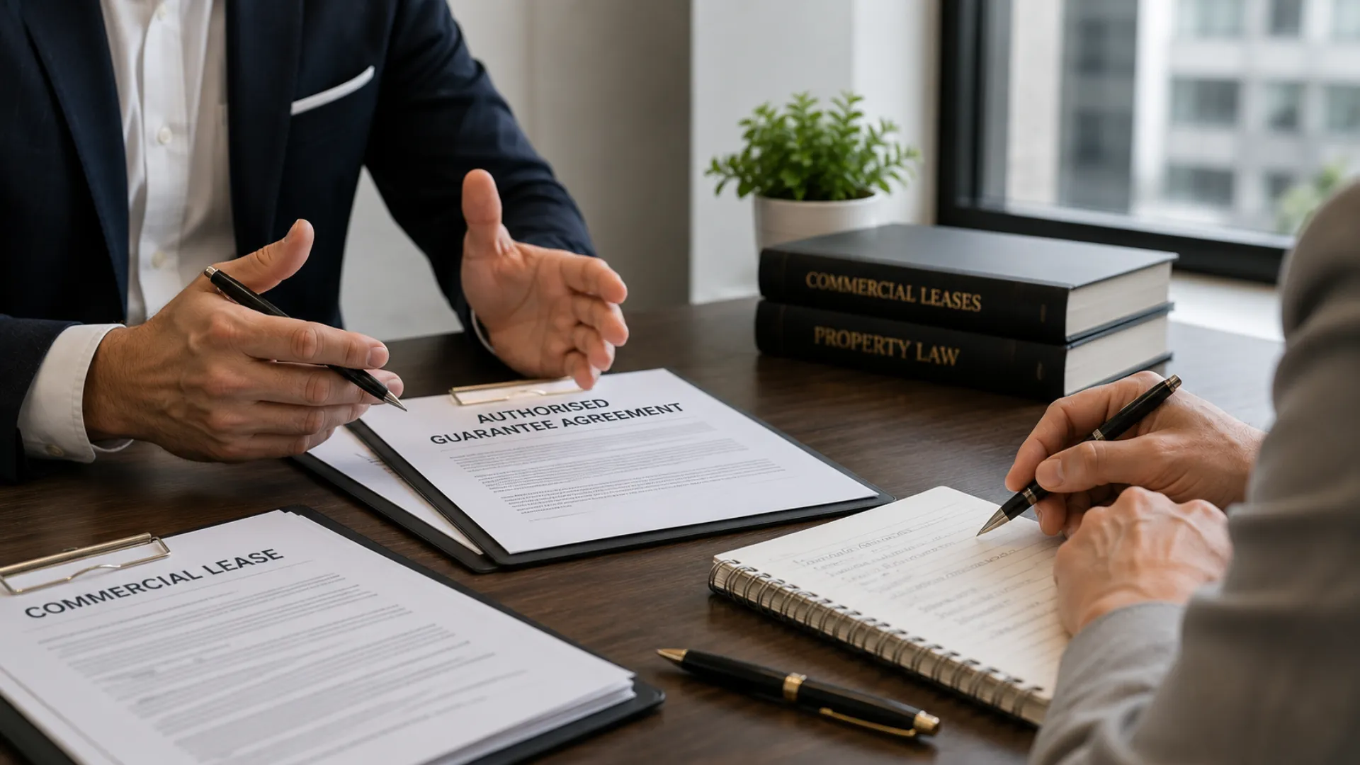 AGA commercial lease negotiation — outgoing tenant discussing guarantee agreement terms with solicitor