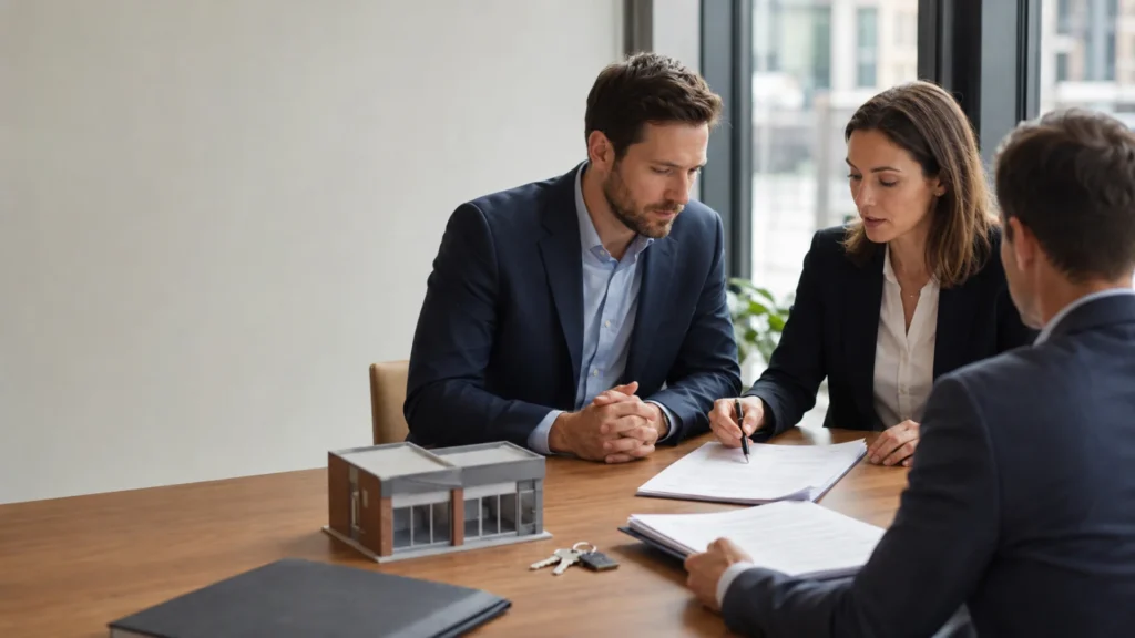 Authorised guarantee agreement — commercial tenant and solicitor reviewing lease assignment documents at a desk