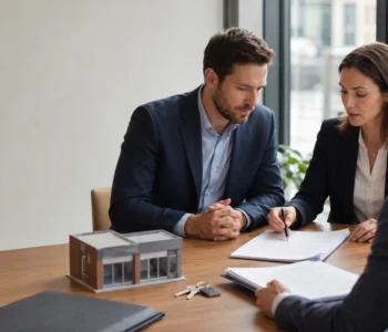 Authorised guarantee agreement — commercial tenant and solicitor reviewing lease assignment documents at a desk