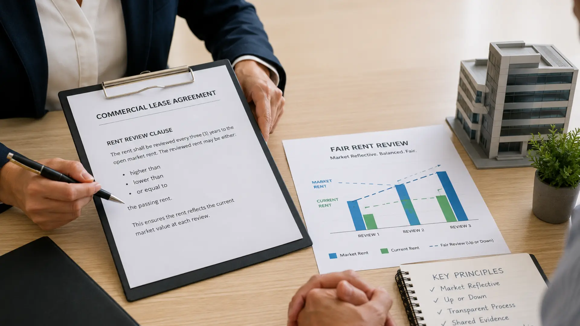 Commercial lease rent review clause alternatives — solicitor advising tenant on lease negotiation options