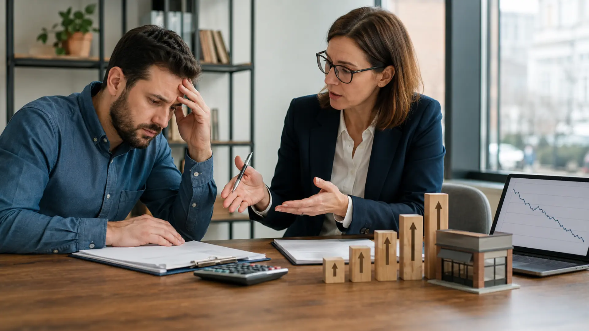 Commercial lease rent review negotiation — landlord and tenant with solicitor at meeting table