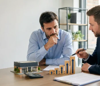 Upward-only rent review clause — solicitor and tenant reviewing commercial lease agreement documents